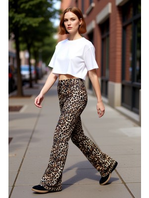 PayBuy Kadın Animal Desenli Yüksek Bel Flare Pantolon Fonksiyonel Dayanıklı Kaliteli Konforlu Şık