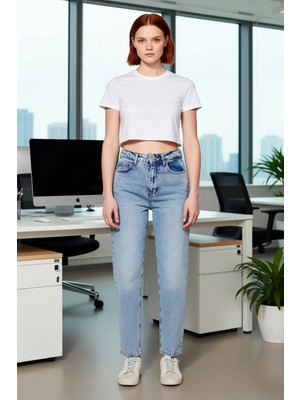 FRM Kadın Açık Yüksek Bel Mom Fit Jean Pantolon Fonksiyonel Dayanıklı Kaliteli Konforlu Modern