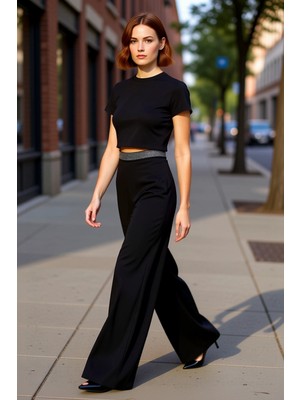 PayBuy Kadın Yüksek Bel Geniş Paça Taş Detaylı Pantolon Fonksiyonel Dayanıklı Kaliteli Konforlu Şık