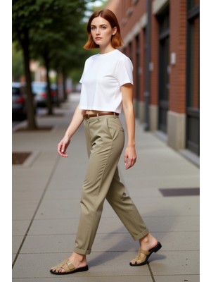 PayBuy Kadın Haki Cigarette Kesim Gabardin Pantolon Fonksiyonel Dayanıklı Kaliteli Konforlu Rahat
