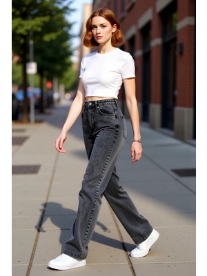 PayBuy Kadın Açık Yüksek Bel Geniş Paça Denim Pantolon Fonksiyonel Dayanıklı Kaliteli Konforlu Şık