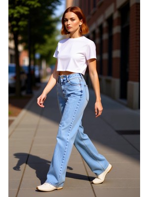 PayBuy Kadın Yüksek Bel Geniş Paça Denim Pantolon Fonksiyonel Dayanıklı Kaliteli Konforlu Estetik