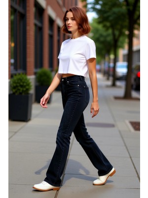 PayBuy Kadın Koyu Yüksek Bel Flare Denim Pantolon Fonksiyonel Dayanıklı Kaliteli Konforlu Estetik