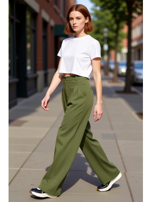 PayBuy Kadın Haki Yüksek Bel Geniş Paça Pantolon Fonksiyonel Dayanıklı Kaliteli Konforlu Estetik Şık