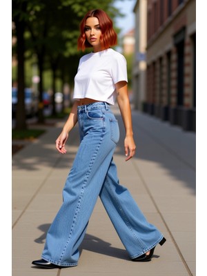 PayBuy Kadın Geniş Paça Yüksek Bel Denim Pantolon Fonksiyonel Dayanıklı Kaliteli Konforlu Estetik