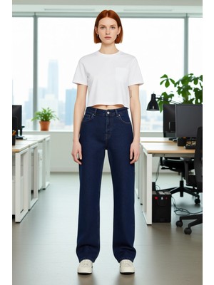 FRM Kadın Koyu Yüksek Bel Düz Paça Denim Pantolon Fonksiyonel Dayanıklı Kaliteli Konforlu Spor