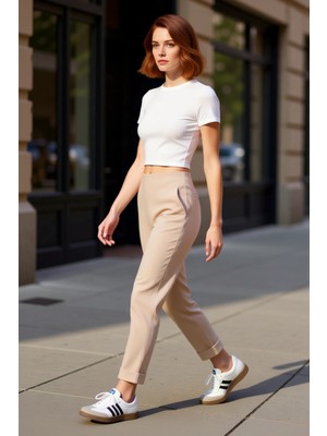 PayBuy Kadın Koyu Kahve Havuç Kesim Dokuma Pantolon Fonksiyonel Dayanıklı Kaliteli Konforlu Rahat