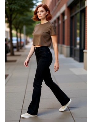 PayBuy Kadın Yüksek Bel Ispanyol Paça Denim Pantolon Fonksiyonel Dayanıklı Kaliteli Konforlu Spor