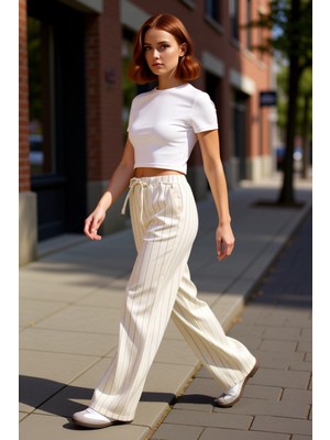 PayBuy Kadın Çizgili Yüksek Bel Bol Kesim Pantolon Fonksiyonel Dayanıklı Kaliteli Konforlu Modern