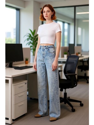 FRM Kadın Yüksek Bel Bol Paça Denim Pantolon Fonksiyonel Dayanıklı Kaliteli Konforlu Estetik Şık