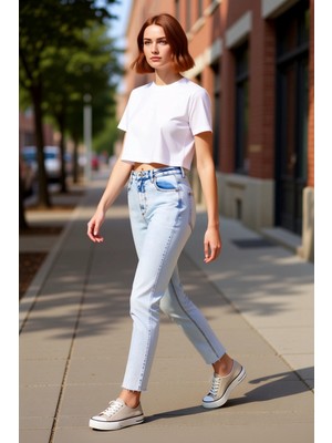 PayBuy Kadın Açık Yüksek Bel Mom Fit Jean Pantolon Fonksiyonel Dayanıklı Kaliteli Konforlu Modern