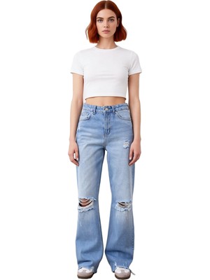 Ersefa Kadın Açık Yırtık Detaylı Bol Paça Jean Fonksiyonel Dayanıklı Kaliteli Konforlu Estetik Şık