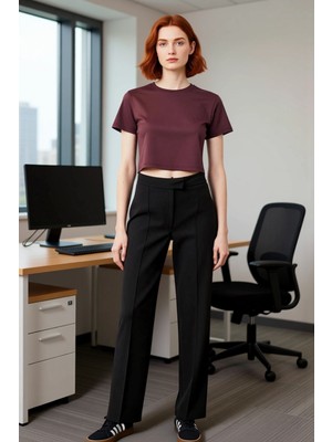 FRM Kadın Düğmeli Yüksek Bel Boru Paça Pantolon Fonksiyonel Dayanıklı Kaliteli Konforlu Modern