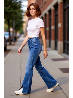 PayBuy Kadın Yüksek Bel Ispanyol Paça Yırtmaçlı Denim Pantolon Fonksiyonel Dayanıklı Kaliteli Şık