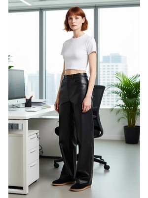 FRM Kadın Kaplamalı Yüksek Bel Bol Paça Pantolon Fonksiyonel Dayanıklı Kaliteli Konforlu Rahat