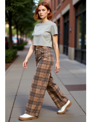 PayBuy Kadın Ekose Desenli Geniş Paça Denim Pantolon Normal Bel Fonksiyonel Dayanıklı Kaliteli Şık