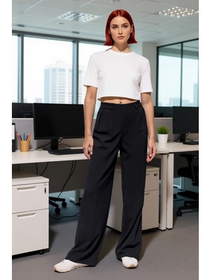 FRM Kadın Düz Geniş Paça Kumaş Pantolon Fonksiyonel Dayanıklı Kaliteli Konforlu Estetik Modern