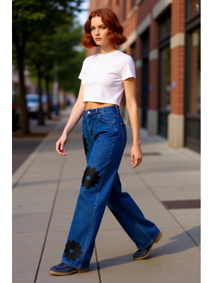 PayBuy Kadın Çiçek Desenli Geniş Paça Kot Pantolon Fonksiyonel Dayanıklı Kaliteli Konforlu Modern