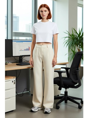 FRM Kadın Haki Yüksek Bel Geniş Paça Dokuma Pantolon Fonksiyonel Dayanıklı Kaliteli Konforlu Şık