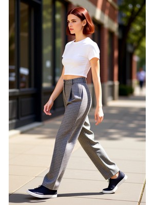 PayBuy Kadın Ekose Dokuma Geniş Paça Pantolon Fonksiyonel Dayanıklı Kaliteli Konforlu Estetik Şık