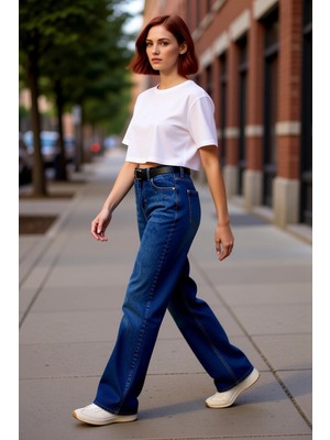 PayBuy Kadın Koyu Yüksek Bel Geniş Paça Denim Pantolon Fonksiyonel Dayanıklı Kaliteli Konforlu Şık