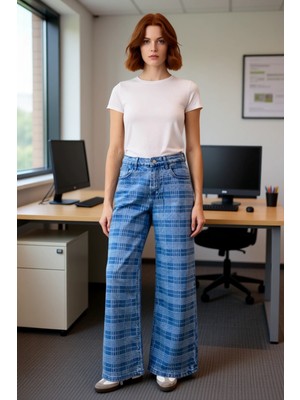 FRM Kadın Normal Bel Ekose Desenli Wide Leg Denim Pantolon Fonksiyonel Dayanıklı Kaliteli Spor