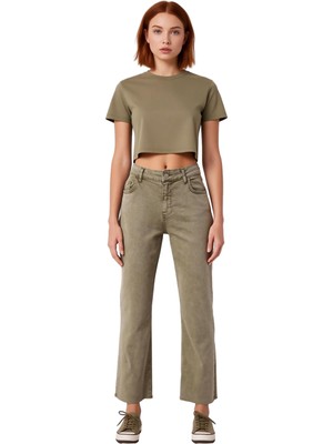 Ersefa Kadın Haki Yüksek Bel Flare Paça Denim Pantolon Fonksiyonel Dayanıklı Kaliteli Konforlu Şık