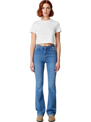 Ersefa Kadın Yüksek Bel Ispanyol Paça Koyu Denim Pantolon Fonksiyonel Dayanıklı Kaliteli Konforlu