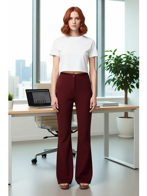 FRM Kadın Flare Dokuma Pantolon Yüksek Bel Fonksiyonel Dayanıklı Kaliteli Konforlu Estetik Şık