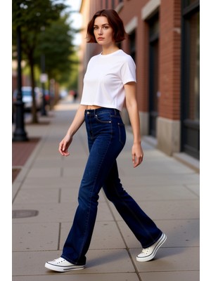 PayBuy Kadın Yüksek Bel Ispanyol Paça Denim Pantolon Fonksiyonel Dayanıklı Kaliteli Konforlu Spor