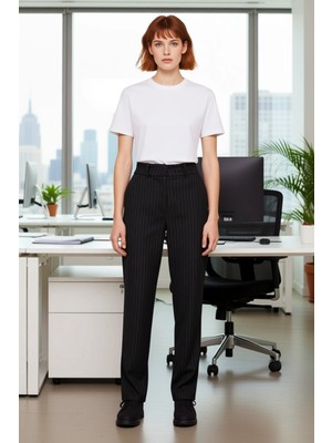 FRM Kadın Çizgili Yüksek Bel Düz Paça Örme Pantolon Fonksiyonel Dayanıklı Kaliteli Konforlu Şık