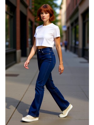 PayBuy Kadın Koyu Yüksek Bel Flare Denim Pantolon Fonksiyonel Dayanıklı Kaliteli Konforlu Estetik