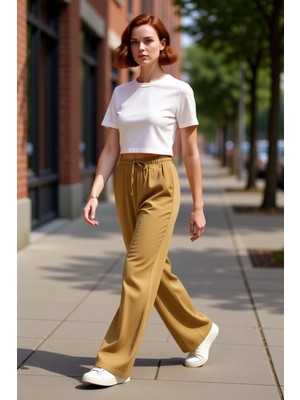 PayBuy Kadın Wide Leg Jakarlı Beli Lastikli Keten Karışımlı Pantolon Fonksiyonel Dayanıklı Modern