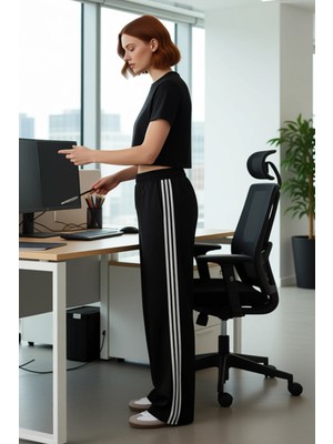 FRM Kadın Düz Yanı Şeritli Wide Leg Pantolon Fonksiyonel Dayanıklı Kaliteli Konforlu Estetik Şık