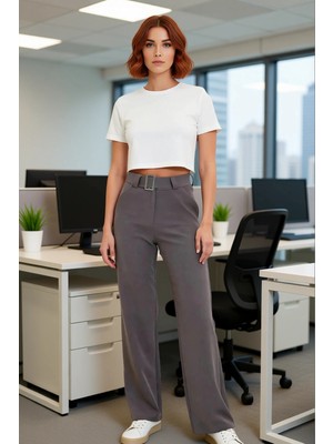 FRM Kadın Kemerli Yüksek Bel Düz Kesim Dokuma Kumaş Pantolon Fonksiyonel Dayanıklı Kaliteli Şık