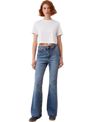 Ersefa Kadın Yüksek Bel Flare Denim Pantolon Fonksiyonel Dayanıklı Kaliteli Konforlu Estetik Spor