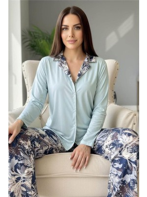 Pijama Evi Mint Florado Exclusive Önden Düğmeli Uzun Kollu Kadın Pijama Takımı