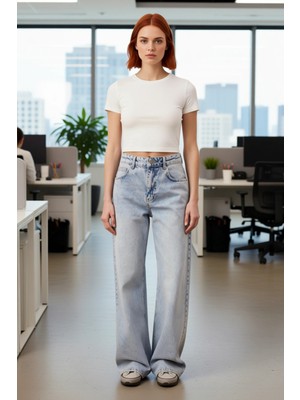 FRM Kadın Açık Yüksek Bel Geniş Paça Jean Pantolon Fonksiyonel Dayanıklı Kaliteli Konforlu Şık