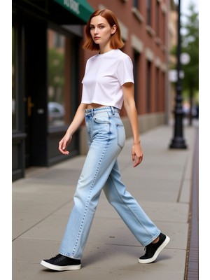 PayBuy Kadın Açık Yüksek Bel Geniş Paça Denim Pantolon Fonksiyonel Dayanıklı Kaliteli Konforlu Şık