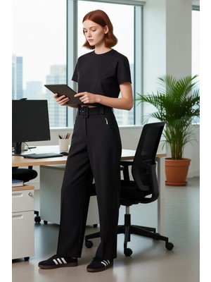 FRM Kadın Kemerli Fermuar Cep Detaylı Wide Leg Pantolon Fonksiyonel Dayanıklı Kaliteli Estetik