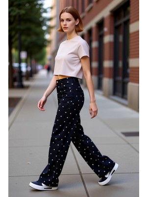 PayBuy Kadin Çiçek Desenli Geniş Paça Denim Pantolon Fonksiyonel Dayanıklı Kaliteli Konforlu Spor