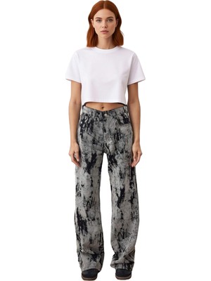 Ersefa Kadın Desenli Yüksek Bel Wide Leg Denim Pantolon Fonksiyonel Dayanıklı Kaliteli Konforlu Şık