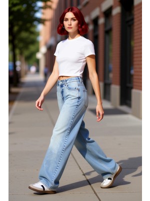 PayBuy Kadın Açık Normal Bel Geniş Paça Denim Pantolon Fonksiyonel Dayanıklı Kaliteli Konforlu Şık