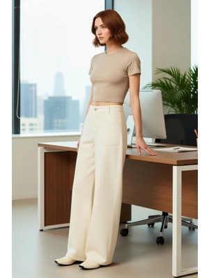 FRM Kadın Yüksek Bel Geniş Paça Nakışlı Denim Pantolon Fonksiyonel Dayanıklı Kaliteli Konforlu