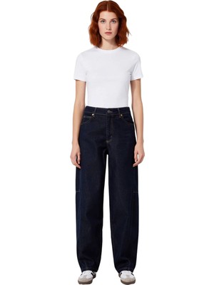 Ersefa Kadın Koyu Yüksek Bel Barrel Kesim Denim Pantolon Fonksiyonel Dayanıklı Kaliteli Konforlu Şık