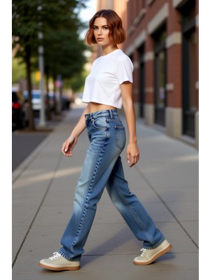 PayBuy Kadın Vintage Efektli Düz Kesim Jean Pantolon Fonksiyonel Dayanıklı Kaliteli Konforlu Spor