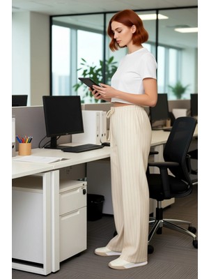 FRM Kadın Çizgili Esnek Straight Kesim Pantolon Fonksiyonel Dayanıklı Kaliteli Konforlu Modern