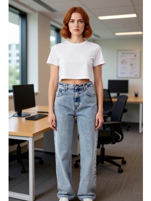 FRM Kadın Açık Yüksek Bel Geniş Bacak Denim Pantolon Fonksiyonel Dayanıklı Kaliteli Konforlu Şık