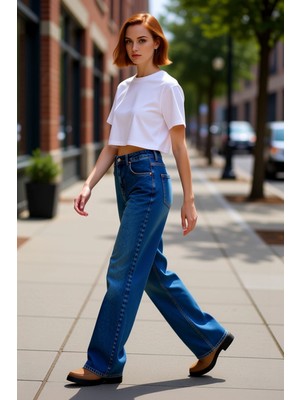 PayBuy Kadın Yüksek Bel Geniş Paça Denim Pantolon Fonksiyonel Dayanıklı Kaliteli Konforlu Estetik