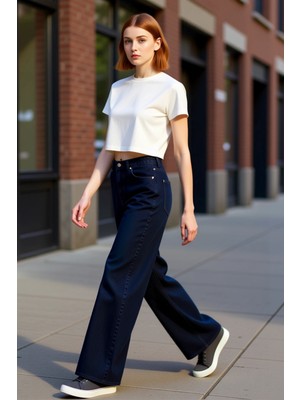 PayBuy Kadın Yüksek Bel Geniş Paça Kesimli Denim Pantolon Fonksiyonel Dayanıklı Kaliteli Konforlu